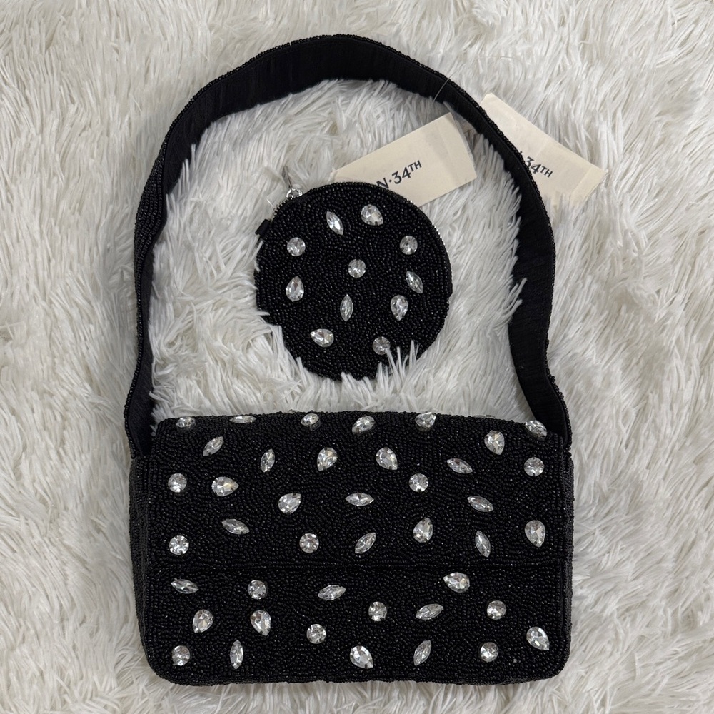 Elegant Black Beaded Shoulder Bag and coin purse
